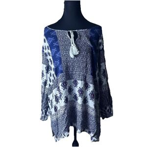 Avenue Flowy Boho Peasant Top Plus Size 22/24 Blue White Rayon‎ Festival Tassel